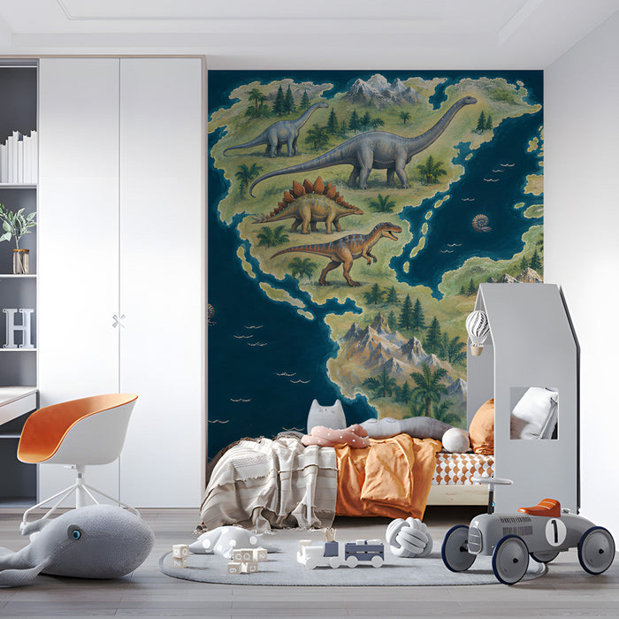 A kid's bedroom showing the dinosaur map mural on a feature wall above a wooden desk.