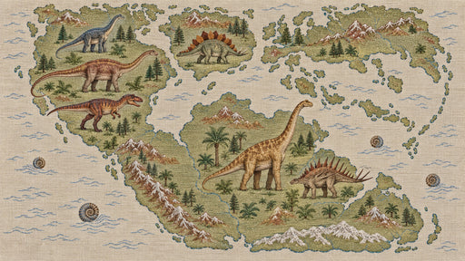 Vintage-style world map wallpaper featuring illustrated dinosaurs, mountains, and trees on an oatmeal linen background.