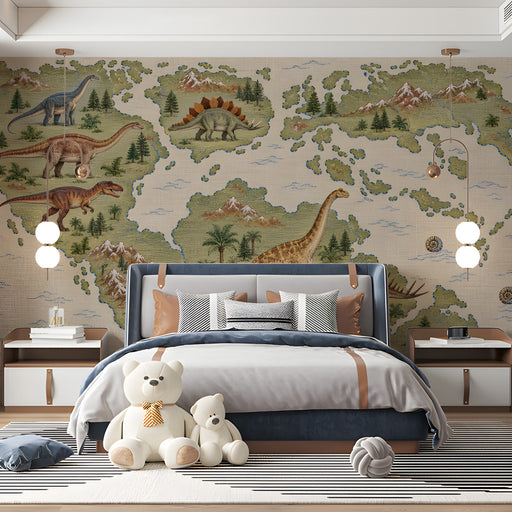 Vintage dinosaur map design displayed in a neutral-toned bedroom.