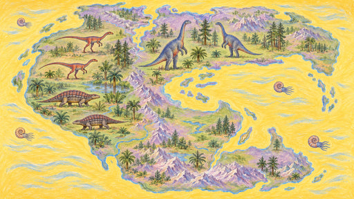 Prehistoric Pangea map mural featuring dinosaurs, mountains, and ammonites in yellow, green, and violet.