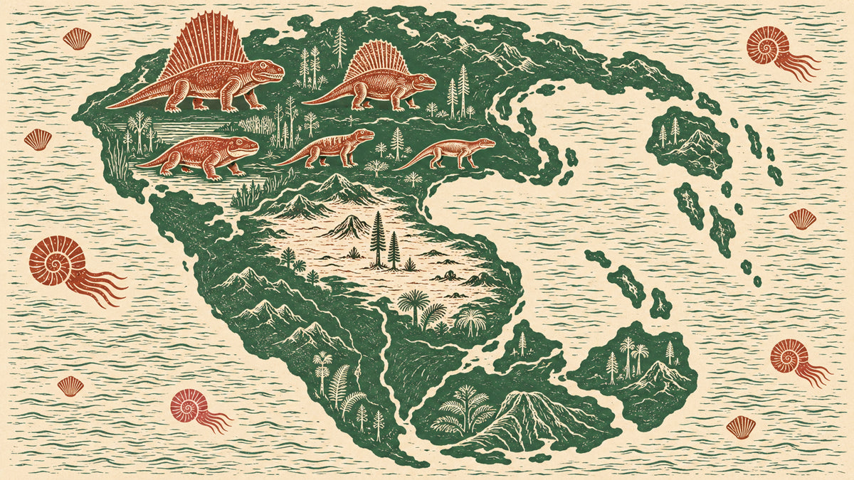 Prehistoric world map wallpaper with dinosaurs and ammonites in forest green and terracotta on oatmeal