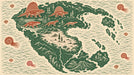 Prehistoric world map wallpaper with dinosaurs and ammonites in forest green and terracotta on oatmeal