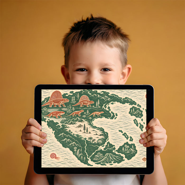 Vintage map mural with ancient creatures featured on a bedroom accent wall