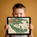 Vintage map mural with ancient creatures featured on a bedroom accent wall