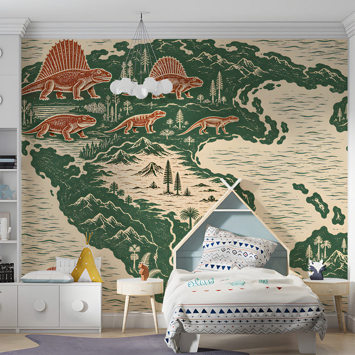 Prehistoric dinosaur map wallpaper installed in a cozy wooden home study room