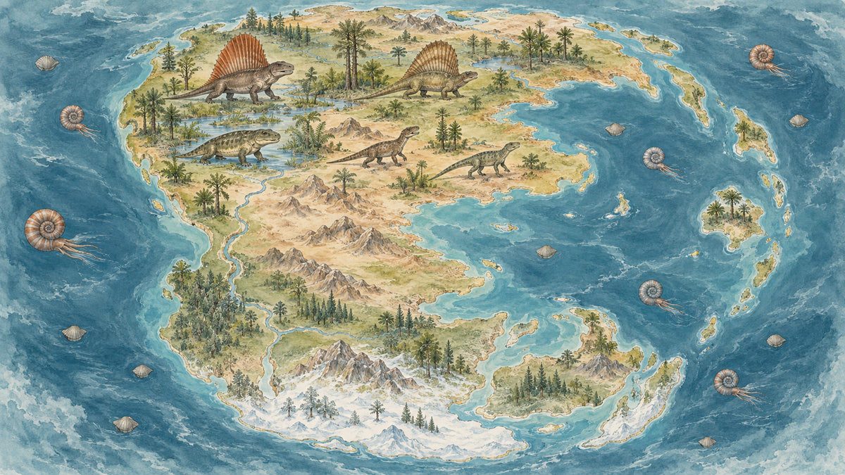 Antique map wallpaper featuring a prehistoric continent with dinosaurs, pine trees, and floating ammonite fossils in blue oceans.