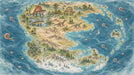 Antique map wallpaper featuring a prehistoric continent with dinosaurs, pine trees, and floating ammonite fossils in blue oceans.