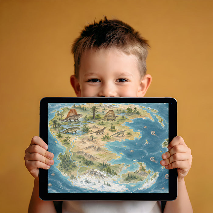 A playful child's bedroom with a Pangea dinosaur world map mural on the main wall above a wooden bed frame.