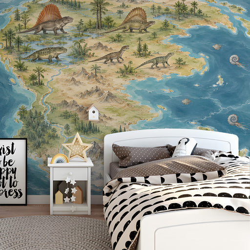 A sophisticated home office space showing a vintage-style dinosaur map wallpaper as a creative, scholarly accent wall.