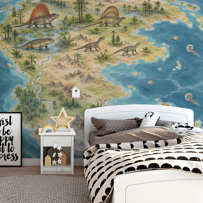 A sophisticated home office space showing a vintage-style dinosaur map wallpaper as a creative, scholarly accent wall.