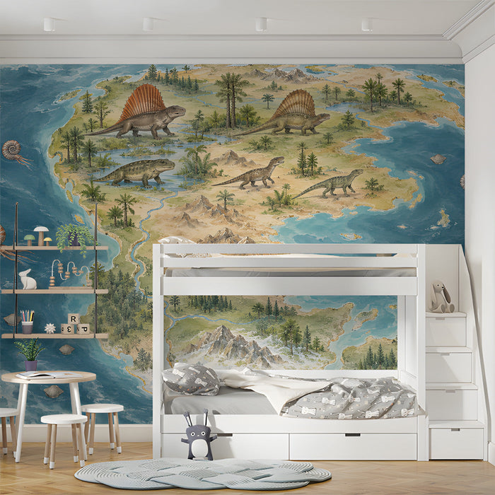 A cozy bedroom featuring a large prehistoric map mural behind a dark wood desk and leather armchair.