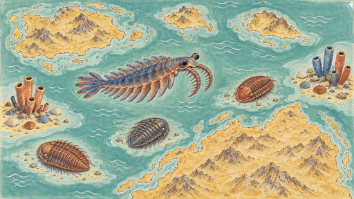 Prehistoric ocean mural with trilobites and ancient sea life on a crackled azure background
