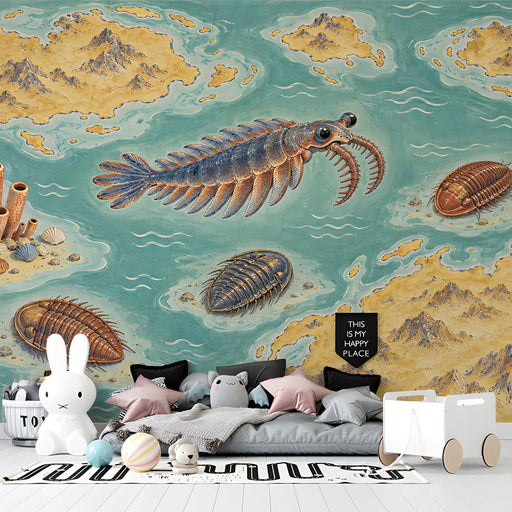 Detailed fossil mural in a unique nursery with coastal accent accessories