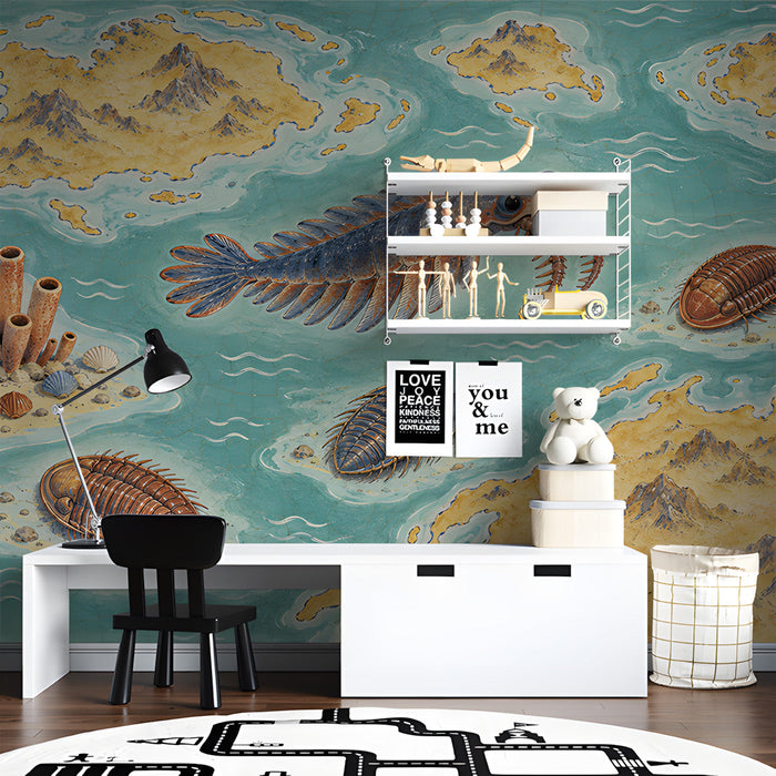 Ancient sea life wallpaper installed in a rustic wooden study with a desk