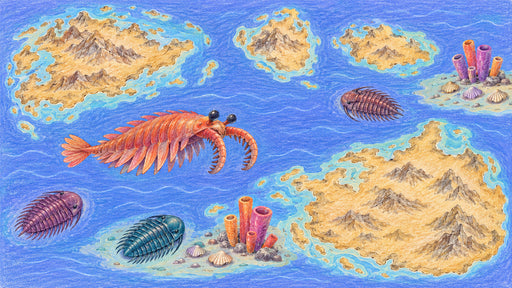 Hand-drawn colored pencil illustration of an ancient sea with trilobites, coral reefs, and sandy islands.