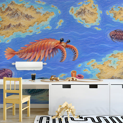 Ancient sea creature mural featured in an educational study room or library.