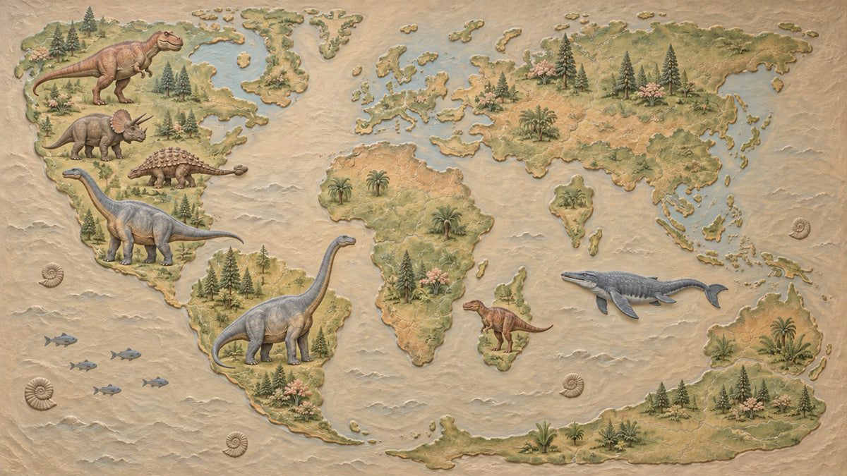 Dinosaur world map illustration in muted green and beige tones with prehistoric animals and ammonite fossils