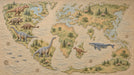 Dinosaur world map illustration in muted green and beige tones with prehistoric animals and ammonite fossils