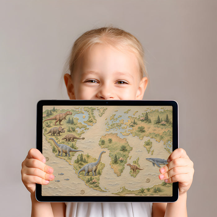 Antique style dinosaur wall mural behind a study desk in a home office