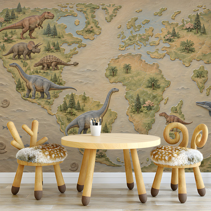 Prehistoric world map mural in a cozy playroom with natural light and wooden toys