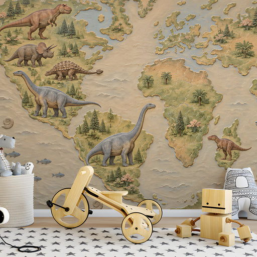 Dinosaur map wallpaper installed on a wall in a curious kid’s room with wood furniture
