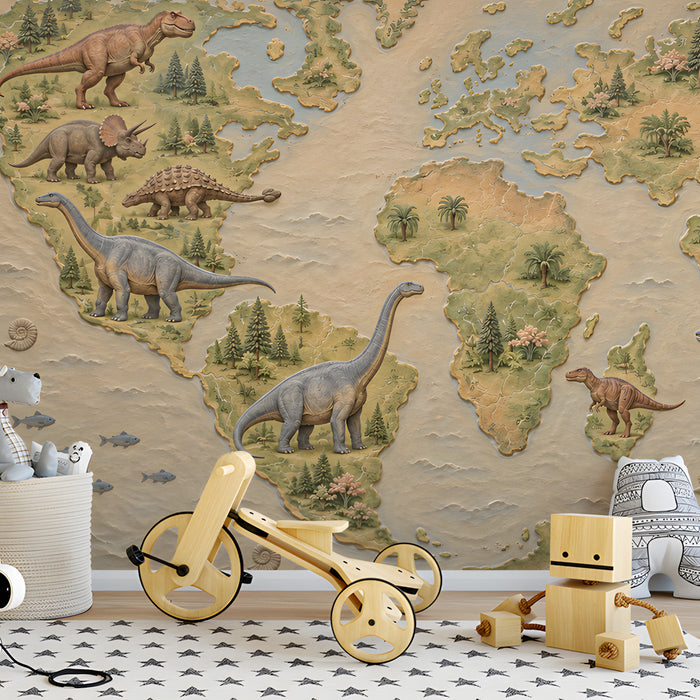 Dinosaur map wallpaper installed on a wall in a curious kid’s room with wood furniture
