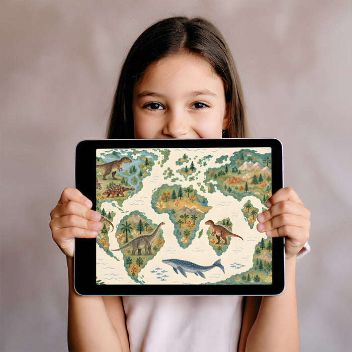 Educational prehistoric world map mural covering the main wall of a young boy's bedroom.