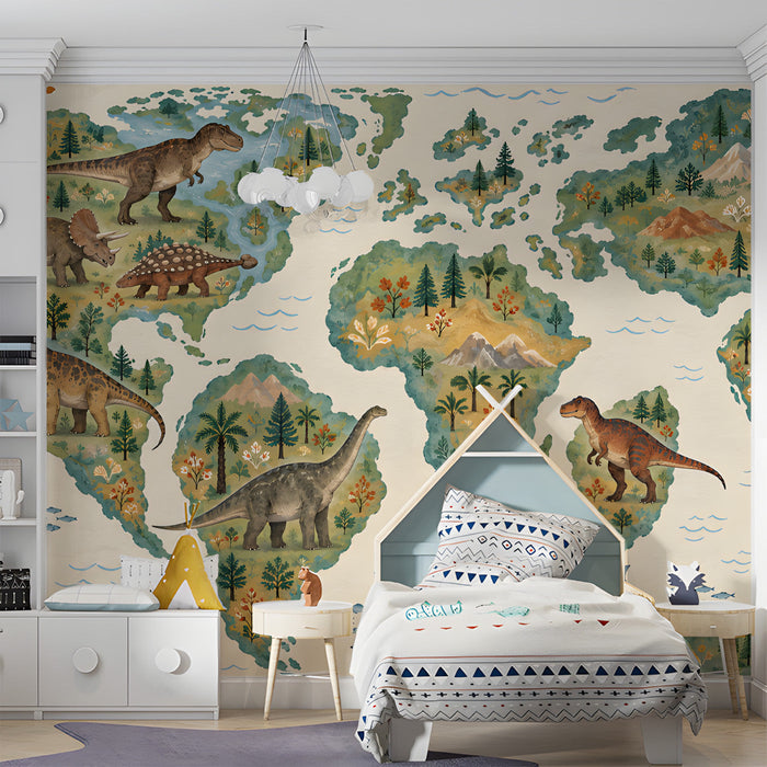 Whimsical dinosaur map mural in a creative bedroom with low bookshelves and toys.