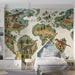 Whimsical dinosaur map mural in a creative bedroom with low bookshelves and toys.