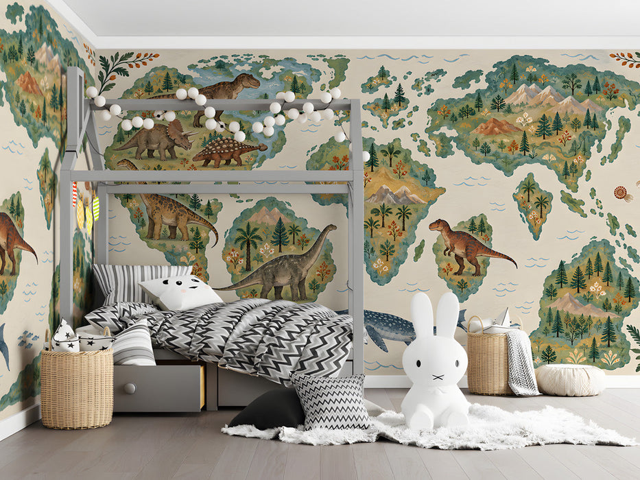 Dinosaur map wallpaper installed in a bright bedroom with wooden crib and soft neutral bedding.