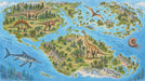 A detailed artistic map of a prehistoric world featuring dinosaurs, palm trees, and ocean creatures in green and blue tones.
