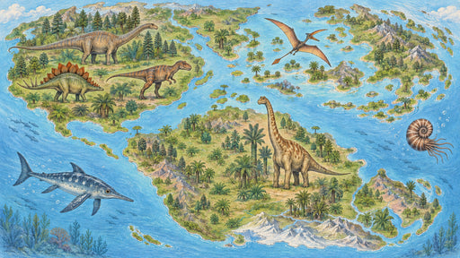 A detailed artistic map of a prehistoric world featuring dinosaurs, palm trees, and ocean creatures in green and blue tones.