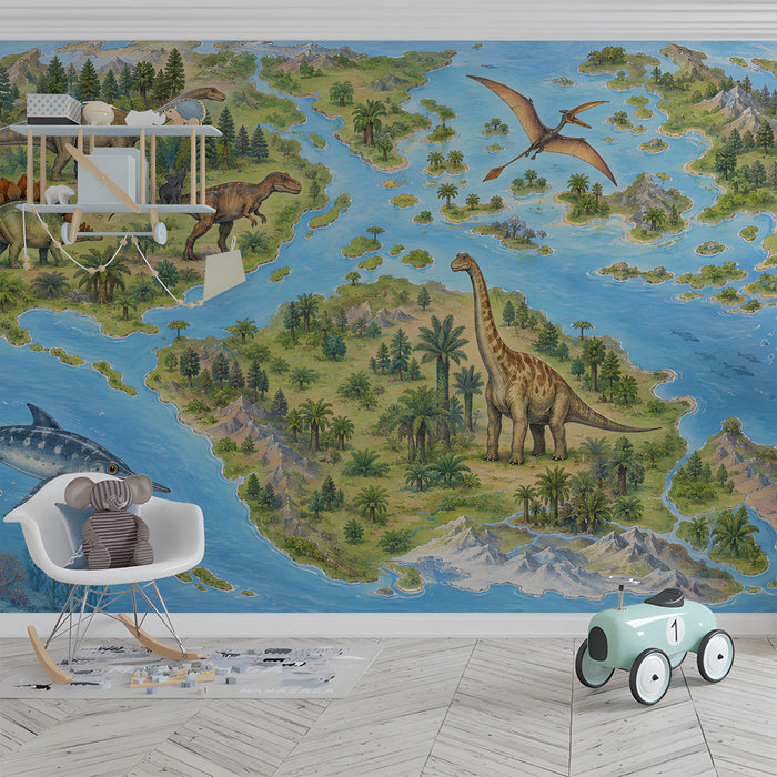 A cozy nursery room decorated with an educational dinosaur world map mural and light colored wooden accents.