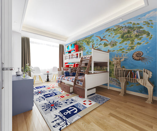 A kid’s bedroom featuring a large dinosaur world map mural on the main wall with wooden furniture and soft lighting.