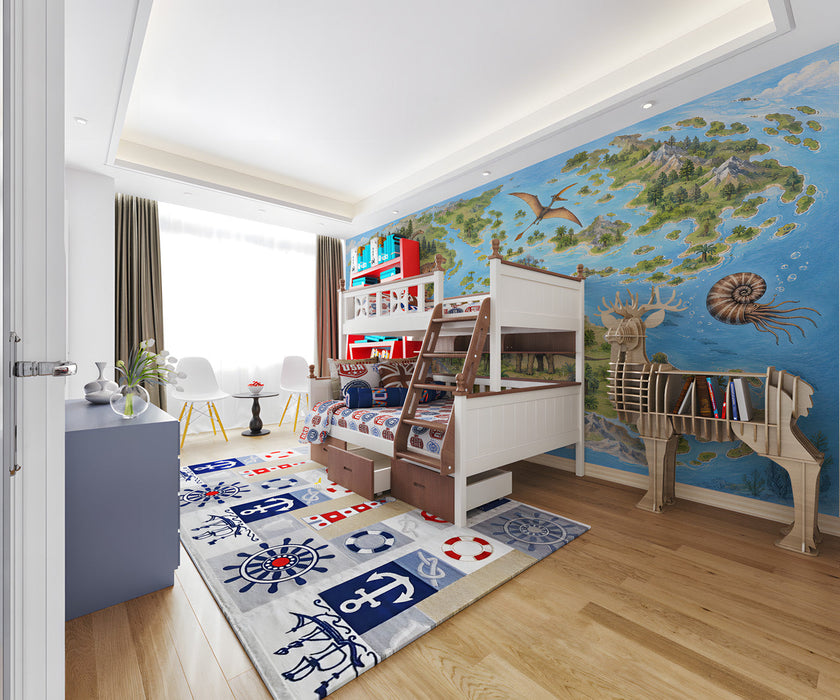 A kid’s bedroom featuring a large dinosaur world map mural on the main wall with wooden furniture and soft lighting.