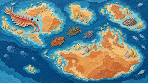 Paper cut style illustration of ancient ocean with fossils, trilobites, and terracotta continents.