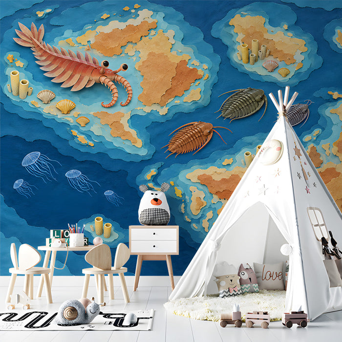 Ocean map wallpaper design featured on an playroom wall behind a modern minimalist space.