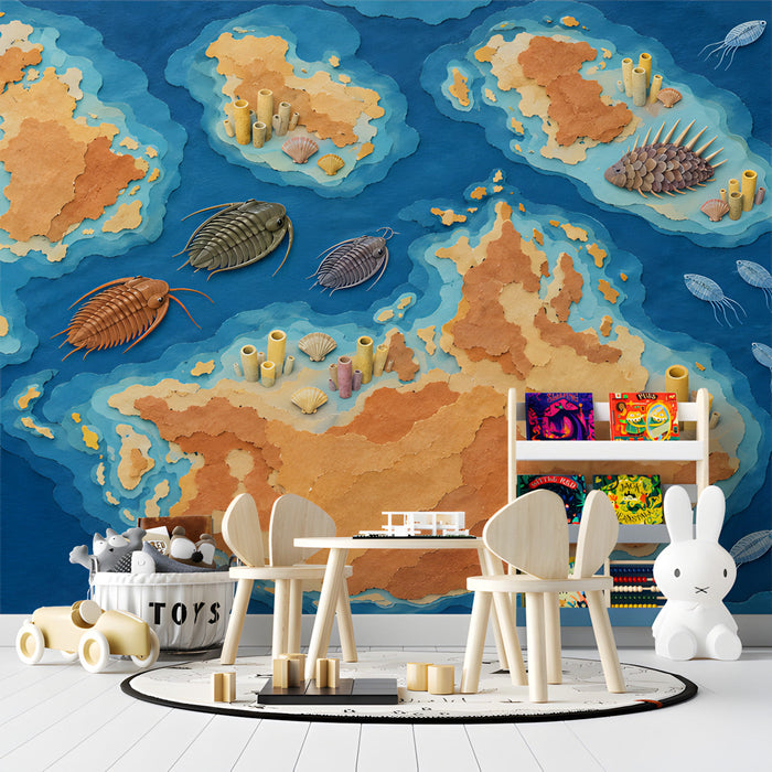Prehistoric sea mural installed in a cozy home study with wooden desk and bookshelves.