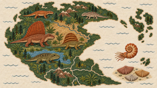 Dinosaur map wallpaper with prehistoric reptiles and ammonites on a cream parchment background
