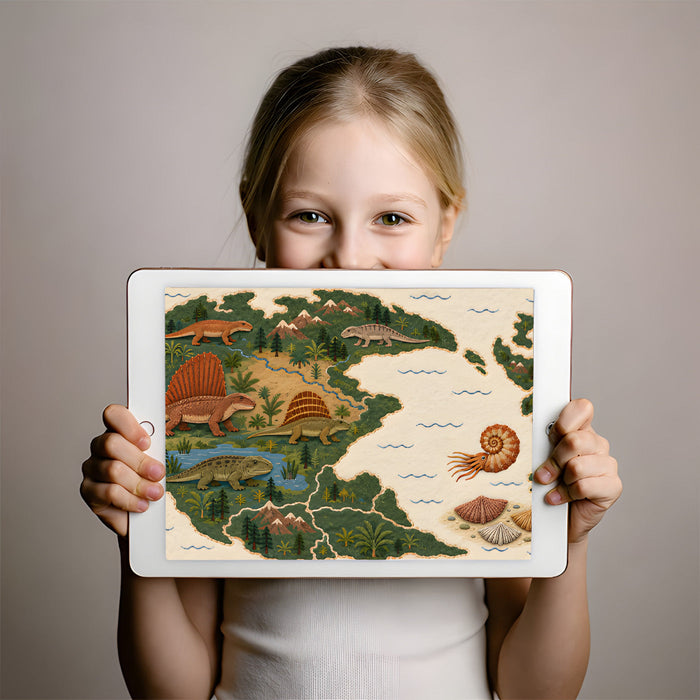Dinosaur themed wallpaper in a home office with vintage oak desk and decor