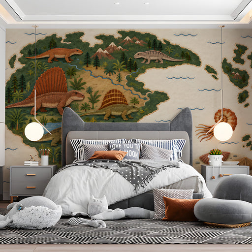 Ancient map mural used as a feature wall in a quiet bedroom 