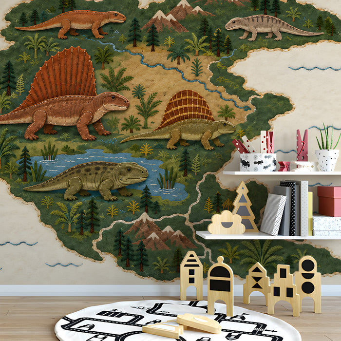 Prehistoric Pangea mural installed in a cozy child’s nursery with wooden furniture