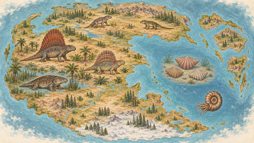 A vintage style illustrated map showing ancient prehistoric landscapes with dinosaurs and ammonites in muted earth tones