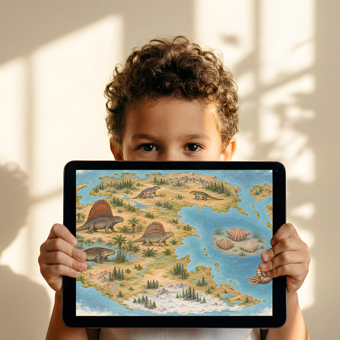 A bedroom wall decorated with a detailed map of an ancient world featuring dinosaurs and geological features