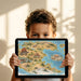 A bedroom wall decorated with a detailed map of an ancient world featuring dinosaurs and geological features
