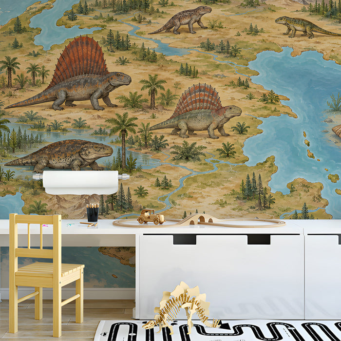 A playroom featuring a prehistoric world map mural that sparks curiosity and learning for children