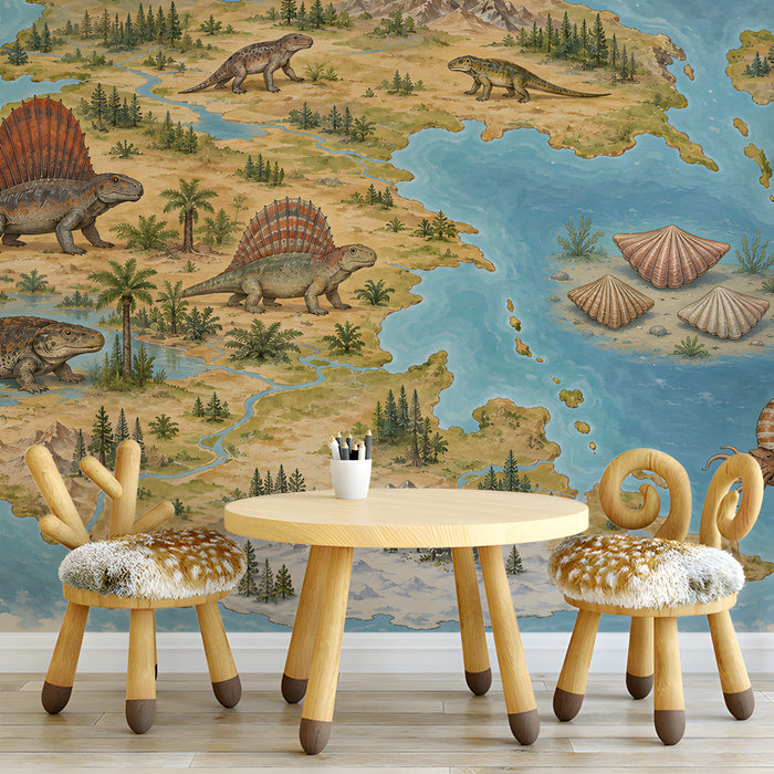 A home study featuring a prehistoric map mural wall with dark wood furniture and leather chairs