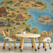A home study featuring a prehistoric map mural wall with dark wood furniture and leather chairs