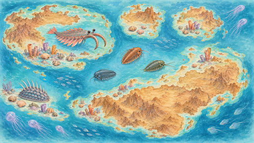 A vibrant mural depicting prehistoric trilobites, shells, and jellyfish against a blue ocean and golden islands.