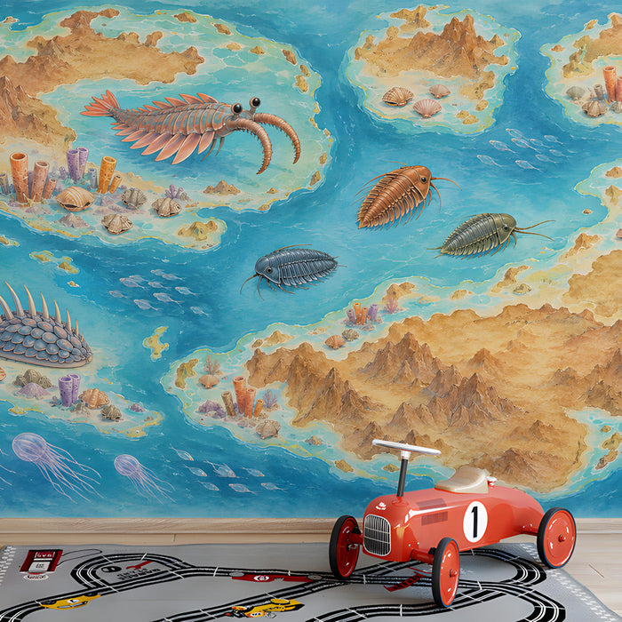 A home playroom decorated with an ancient fossil-themed ocean mural and minimalist decor.